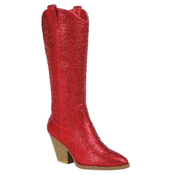 Women's Red Blingy Rhinestone Western Knee High Cowboy Boots - Picture 4 of 6